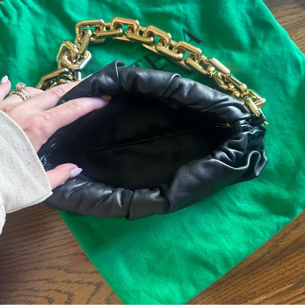 Botegga Black Leather Pouch Bag with Gold Chain - Picture 6 of 10